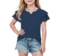Camisetas con volantes para niñas, lindas camisetas de verano con cuello en V de manga corta, ajuste holgado, color sólido, camiseta informal para la escuela, moderna, de algodón suave, transpirable