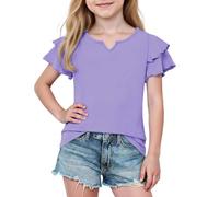 Camisetas con volantes para niñas, lindas camisetas de verano con cuello en V de manga corta, ajuste holgado, color sólido, camiseta informal para la escuela, moderna, de algodón suave, transpirable