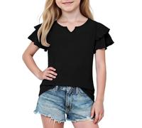 Camisetas con volantes para niñas, lindas camisetas de verano con cuello en V de manga corta, ajuste holgado, color sólido, camiseta informal para la escuela, moderna, de algodón suave, transpirable