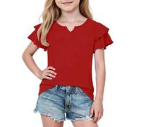 Camisetas con volantes para niñas, lindas camisetas de verano con cuello en V de manga corta, ajuste holgado, color sólido, camiseta informal para la escuela, moderna, de algodón suave, transpirable