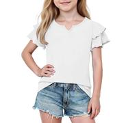Camisetas con volantes para niñas, lindas camisetas de verano con cuello en V de manga corta, ajuste holgado, color sólido, camiseta informal para la escuela, moderna, de algodón suave, transpirable