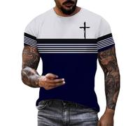 Camisetas cristianas para hombre, diseño de retazos a rayas cruzadas, de manga corta, cuello redondo, holgadas, atléticas, para entrenamiento, azul oscuro, L