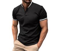 Camisetas de 1/4 botones para hombre, estilo informal, de manga corta, color liso, ajuste regular, ligeras, transpirables, lisas, polo, clásicas, cómodas, para primavera y verano, Negro, L