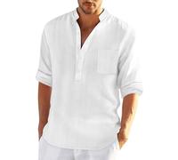 Camisetas de algodón grueso para hombre, cuello alto, camisa de manga larga con textura y tacto similar al lino, estilo superior, camisetas casuales de moda para hombre, blanco, M