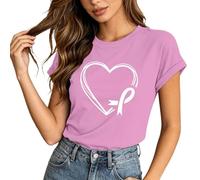 Camisetas de cáncer de pecho para mujer, cuello redondo, camiseta deportiva de conciencia, estampado floral, manga corta, ajuste holgado, camiseta de entrenamiento, camiseta de entrenamiento