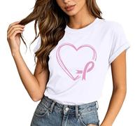 Camisetas de cáncer de pecho para mujer, cuello redondo, camiseta deportiva de conciencia, estampado floral, manga corta, ajuste holgado, camiseta de entrenamiento, camiseta de entrenamiento