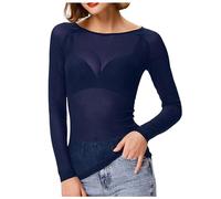 Camisetas de cuello barco para mujer, con superposición de malla, holgadas, casuales, transparentes, holgadas, de manga larga, básicas, lindas camisetas para salir de verano, azul, S