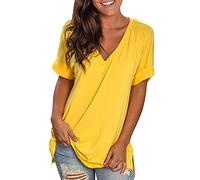 Camisetas De Deporte Mujer,Camisetas Manga Corta Mujer Tallas Grandes Camisetas de Cuello en Pico Sexy Camiseta Túnica Larga Camisa Blanca Mujer Color Sólido Blusas Mujer de Multicolor