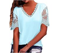 Camisetas de encaje con cuello en V para mujer, verano, otoño, manga corta, ajuste holgado, largo, con ojales, lisas, para mujer 2024, J-575 Azul Real Claro, XXXXL