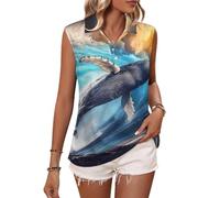 Camisetas de Golf sin Mangas con Cuello en V y Cuello Tipo Camiseta sin Mangas para Mujer con Estampado de Ballenas y Olas crecientes.