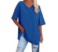 Camisetas de gran tamaño para mujer, cuello en V, a rayas, para verano, media manga, casual, cómoda, acogedora, de algodón, talla grande 2025, 1b-azul, 5XL