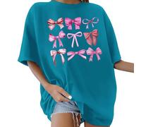 Camisetas de gran tamaño para mujer, cuello redondo, manga corta, estampado de letras de los años 80, diseño de flores, sol y luna, blusa de verano, retro, casual, holgada, básica, de verano, azul