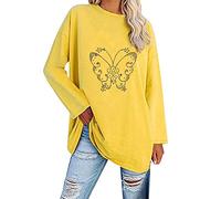 Camisetas de gran tamaño para mujer, manga larga, sueltas, mariposas, informales, túnica con cuello redondo, blusas suaves, blusas sueltas, suéter ancho para mujer, amarillo, XXL