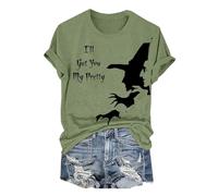 Camisetas de Halloween con estampado de brujas para mujer, estilo casual, de manga corta, cuello redondo, para verano, a la moda, ligeras, cómodas, verde, 3XL