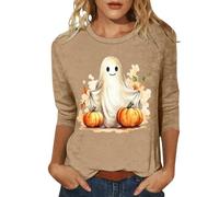 Camisetas de Halloween de manga 3/4 para mujer, lindas camisetas gráficas de calabaza fantasma, marrón, S