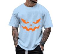 Camisetas de Halloween para hombre, de cuello redondo, con estampado de calavera, sangriento, de invierno, zombi, manga corta, para viajes, ropa deportiva para adolescentes, azul claro, L