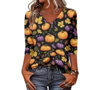 Camisetas de Halloween para mujer, 3/4 de longitud, con estampado de calabaza fantasma, marrón, XXL
