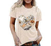 Camisetas de Halloween para mujer, vintage, cuello redondo, túnica de bruja, manga corta, moderna, para exteriores, calavera, cuello redondo, ropa deportiva para adolescentes, beige, M