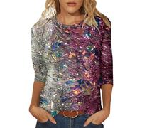 Camisetas de lentejuelas con manga 3/4 para mujer, con purpurina, lindas y holgadas, a la moda, brillantes, informales, de verano, con diamantes de imitación, para salir, camisetas estampadas