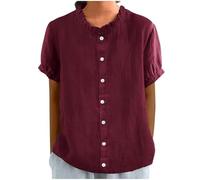 Camisetas de lino de algodón para mujer, manga corta, con botones, camiseta de verano, informal, holgada, corte frill trim, blusa de trabajo, informal, transpirable, manga corta, tallas grandes