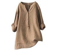 Camisetas de lino para mujer 2026 con botones, manga 3/4, de algodón, para verano, cuello alto, casual, primavera, peplum, gasa, arrugada, talla grande, enrollada, manga larga, fluida, caqui, S