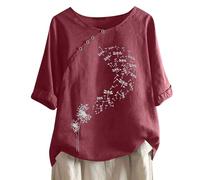 Camisetas de lino para mujer, color liso, algodón y lino, cuello redondo, estilo urbano, estampado de manga corta, ropa de verano, camisas de algodón, camisetas de dormir de gran tamaño, para