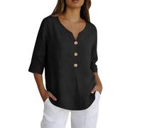 Camisetas de lino para mujer, con botones, informal, holgada, con borde, color liso, algodón y lino, mangas tres cuartos, camisetas de verano para mujer, camisetas de algodón de gran tamaño, estilo