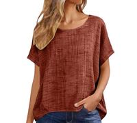Camisetas de lino para mujer, de manga corta, cuello redondo, de gran tamaño, de algodón, de lino, suave, casual, de verano, vintage, transpirable, holgada, bohemia, café, L