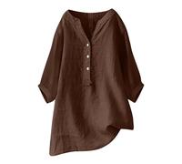 Camisetas de lino para mujer, manga 3/4, con botones, cuello en V, ajuste holgado, camisa larga de algodón y lino, lisa, para verano, casual, a la moda, para mujer, talla grande, transpirable, bohemia