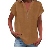 Camisetas de lino para mujer, manga corta, cuello en V, ajuste holgado, con botones, casual, de algodón, para verano, a la moda, ligera, transpirable, de gran tamaño, bohemia, café, M