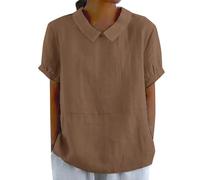 Camisetas de lino para mujer, manga corta, solapa, ajuste holgado, casual, con botones, para verano, algodón, viajes, vacaciones, para mujer, transpirable, de gran tamaño, bohemia, café, M