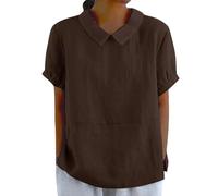 Camisetas de lino para mujer, manga corta, solapa, ajuste holgado, con botones, casual, de algodón, para verano, a la moda, ligera, transpirable, de gran tamaño, bohemia, café, M