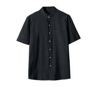 Camisetas de lino para mujeres y hombres, camisas de lino de manga 3/4, estilo japonés, cuello alto, botones y bolsillos en T, Negro, L