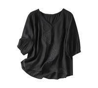 Camisetas de lino y algodón para mujer, camisa bordada en el Reino Unido, manga 3/4, camisetas de gran tamaño, cuello en V, blusa elegante, talla grande, ropa de primavera, mangas farol, Negro, L