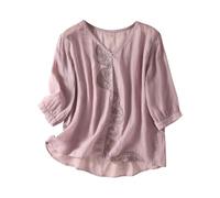 Camisetas de lino y algodón para mujer, camisa bordada en el Reino Unido, manga 3/4, camisetas de gran tamaño, cuello en V, blusa elegante, talla grande, ropa de primavera, mangas farol, rosa, L