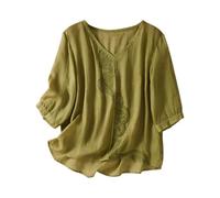 Camisetas de lino y algodón para mujer, camisa bordada en el Reino Unido, manga 3/4, camisetas de gran tamaño, cuello en V, blusa elegante, talla grande, ropa de primavera, mangas farol, verde, XXL
