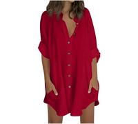Camisetas de manga 3/4 para mujer, camisas de línea larga, casuales, sueltas, con botones, cuello de pie, camisa tipo túnica con bolsillo, blusa ligera de algodón y lino de verano, vestidos de playa