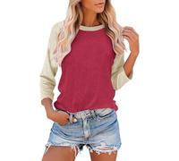 Camisetas de manga 3/4 para mujer, de manga 3/4, cuello redondo, raglán, ajuste holgado, camisetas básicas de talla grande, camiseta ligera atlética casual, 001 y rojo, L