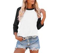 Camisetas de manga 3/4 para mujer, de manga 3/4, cuello redondo, raglán, ajuste holgado, camisetas básicas de talla grande, camiseta ligera atlética casual, 002 y negro, L