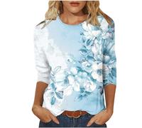Camisetas de manga 3/4 para mujer, estilo casual, cuello redondo, vintage, ajuste holgado, manga tres cuartos, camisetas elegantes con estampado floral, blusas de otoño para mujer, tallas S-3XL, Azul