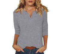 Camisetas de manga 3/4 para mujer, top holgado básico casual, camisetas de cuello en V con muesca, color sólido - Tops para mujer para salir, bonitas blusas de tres cuartos de manga, blusa ligera