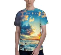 Camisetas de manga corta con cuello redondo y estampado de puesta de sol para hombre, ajuste regular, camisetas elegantes e informales para hombre, Negro, S