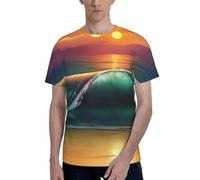 Camisetas de manga corta con cuello redondo y estampado de puesta de sol para hombre, ajuste regular, camisetas elegantes e informales para hombre, Negro, L