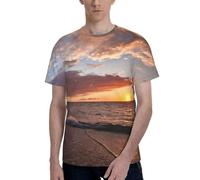 Camisetas de manga corta con cuello redondo y estampado de puesta de sol para hombre, ajuste regular, estilo casual y elegante, Negro, XL