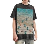 Camisetas de manga corta con estampado de tortuga marina y estrellas de mar para hombre, estilo retro, holgadas, informales, de verano, Negro, L