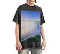 Camisetas de manga corta para hombre con estampado de cascada y arco iris, estilo retro, holgadas, informales, de verano, Negro, XXL