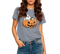 Camisetas de manga corta para mujer, camisetas de Halloween 2025 para mujer, cuello redondo, camiseta de manga corta estampada para interiores y exteriores, deportes, trabajo o vida diaria, gris, S