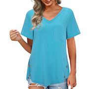 Camisetas de manga corta para mujer con cuello en V, blusas, tejido acanalado, tops casuales de verano, suéter de manga 3/4 para mujer, azul, S