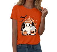 Camisetas de manga corta para mujer, cuello redondo, estampado de fantasmas de Halloween, para vacaciones, casual, a la moda, suaves, ligeras, para exteriores, divertidas camisetas para mujer, naranja