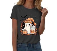 Camisetas de manga corta para mujer, cuello redondo, estampado de fantasmas de Halloween, para vacaciones, casual, a la moda, suaves, ligeras, para exteriores, divertidas camisetas para mujer, gris